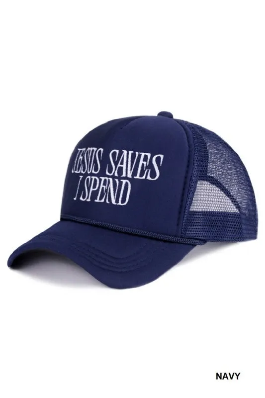Jesus Saves I Spend Mesh Trucker Hat, Navy sold by North & Main Clothing Company product image thumbnail 4
