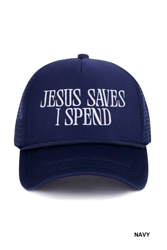 Jesus Saves I Spend Mesh Trucker Hat, Navy made by Zenana