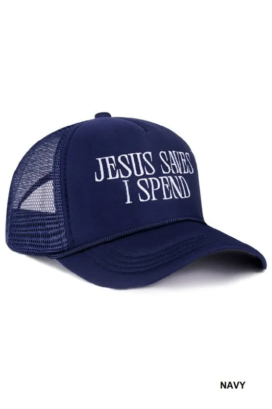 Jesus Saves I Spend Mesh Trucker Hat, Navy sold by North & Main Clothing Company product image thumbnail 2