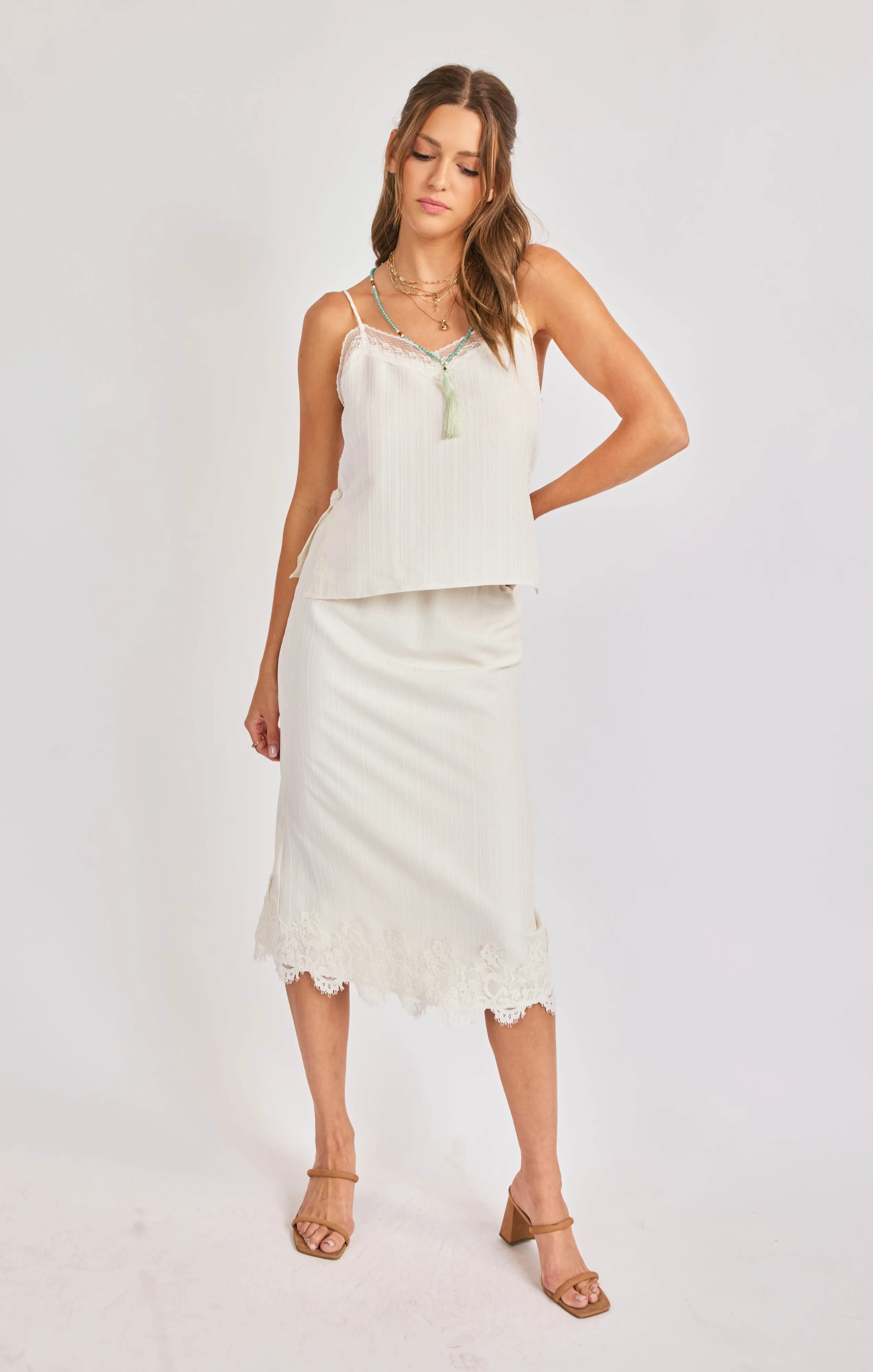 Fawn Laced Midi Skirt, Cream | Sadie & Sage sold by North & Main Clothing Company product image thumbnail 2
