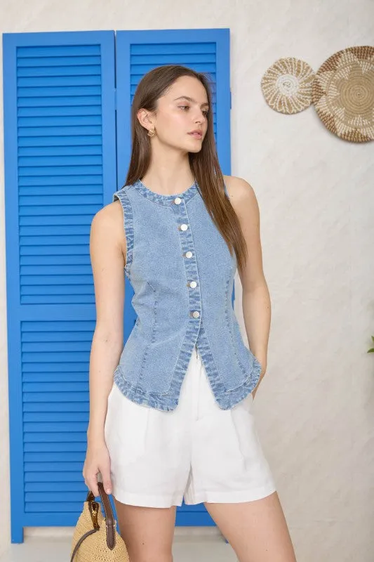 Maci Washed Button Down Vest, Light Denim sold by North & Main Clothing Company product image thumbnail 3