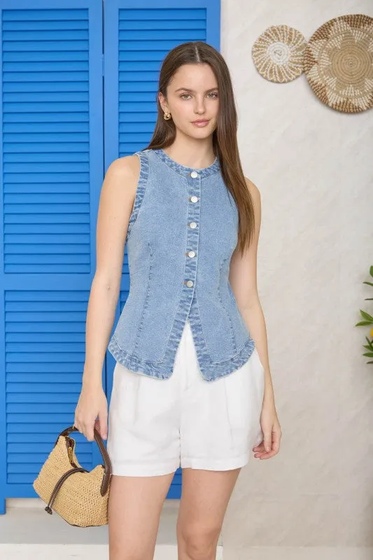Maci Washed Button Down Vest, Light Denim made by Blu Pepper