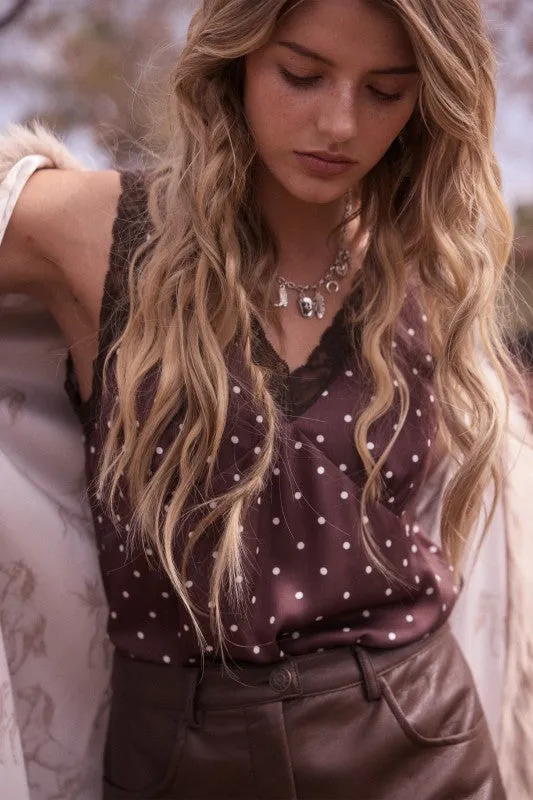 Lacey Polka Dot Lace Trim Tank, Brown-Ivory sold by North & Main Clothing Company product image thumbnail 2