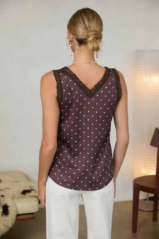 Lacey Polka Dot Lace Trim Tank, Brown-Ivory sold by North & Main Clothing Company product image thumbnail 4