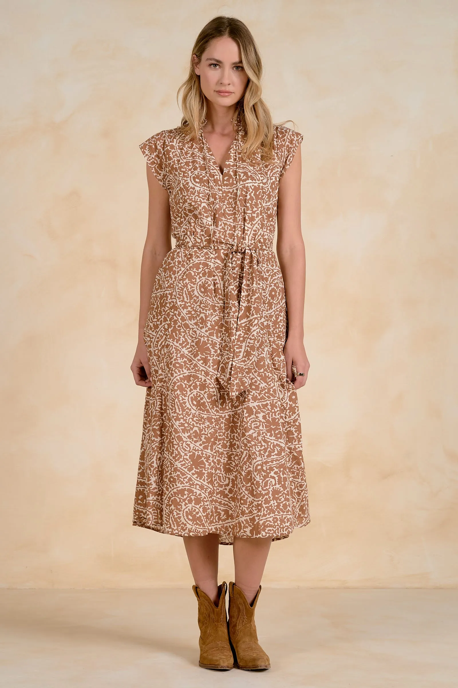 Ruffle Tie Neck Midi Dress, Tan Nomadia | ELAN sold by North & Main Clothing Company product image thumbnail 3