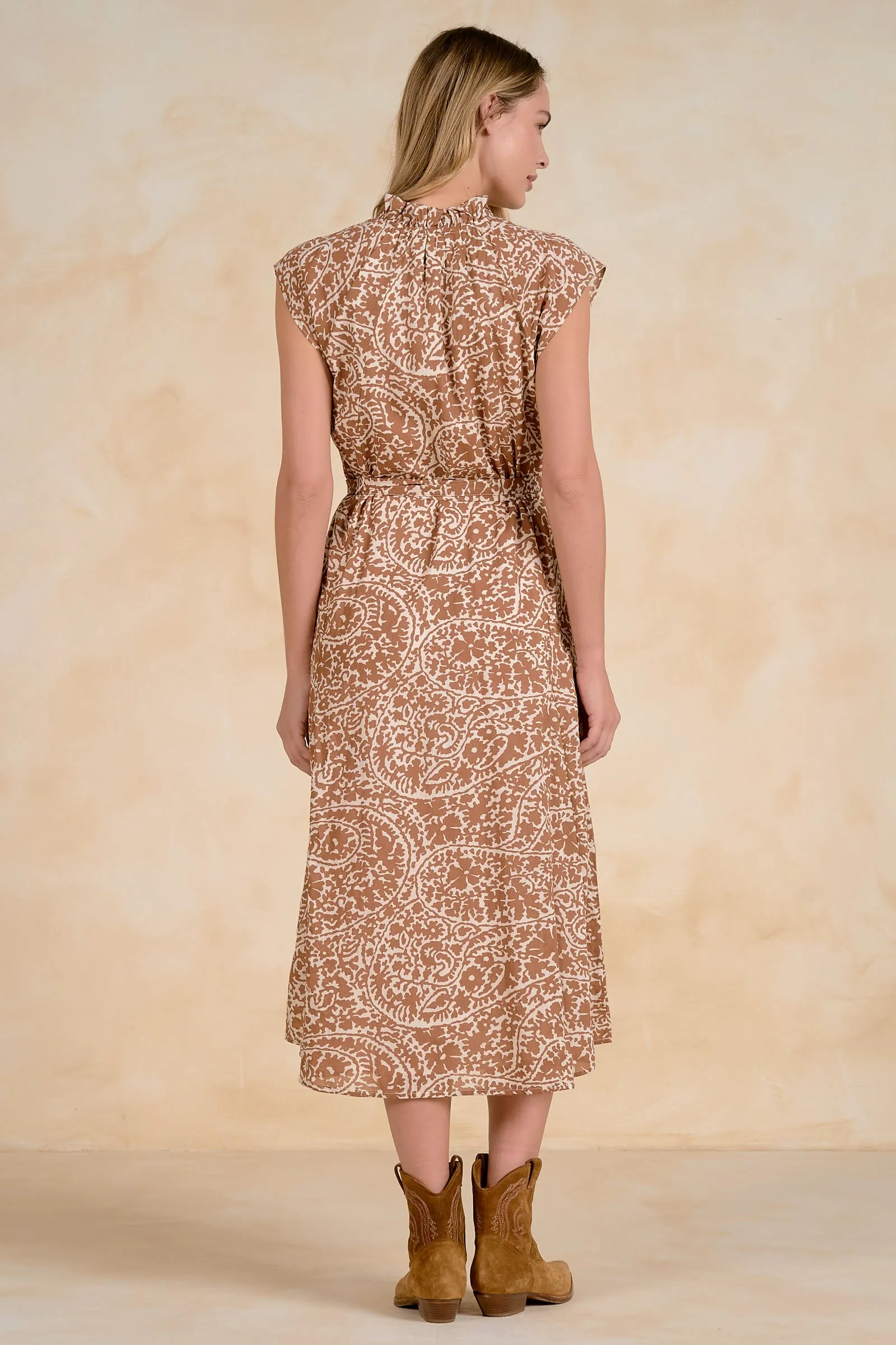 Ruffle Tie Neck Midi Dress, Tan Nomadia | ELAN sold by North & Main Clothing Company product image thumbnail 4