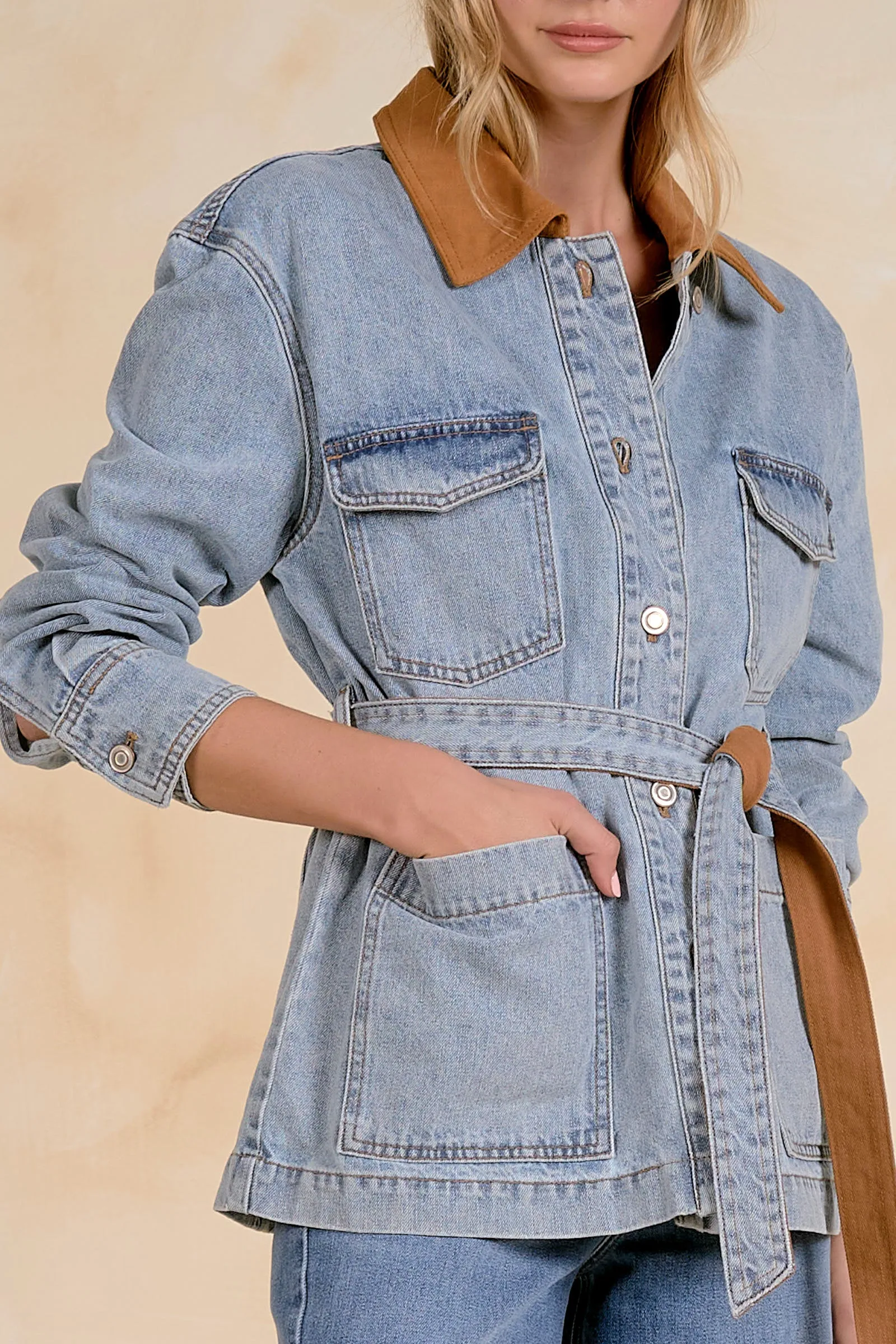 Tie Waist Contrast Collar Jacket, Denim | ELAN sold by North & Main Clothing Company product image thumbnail 2