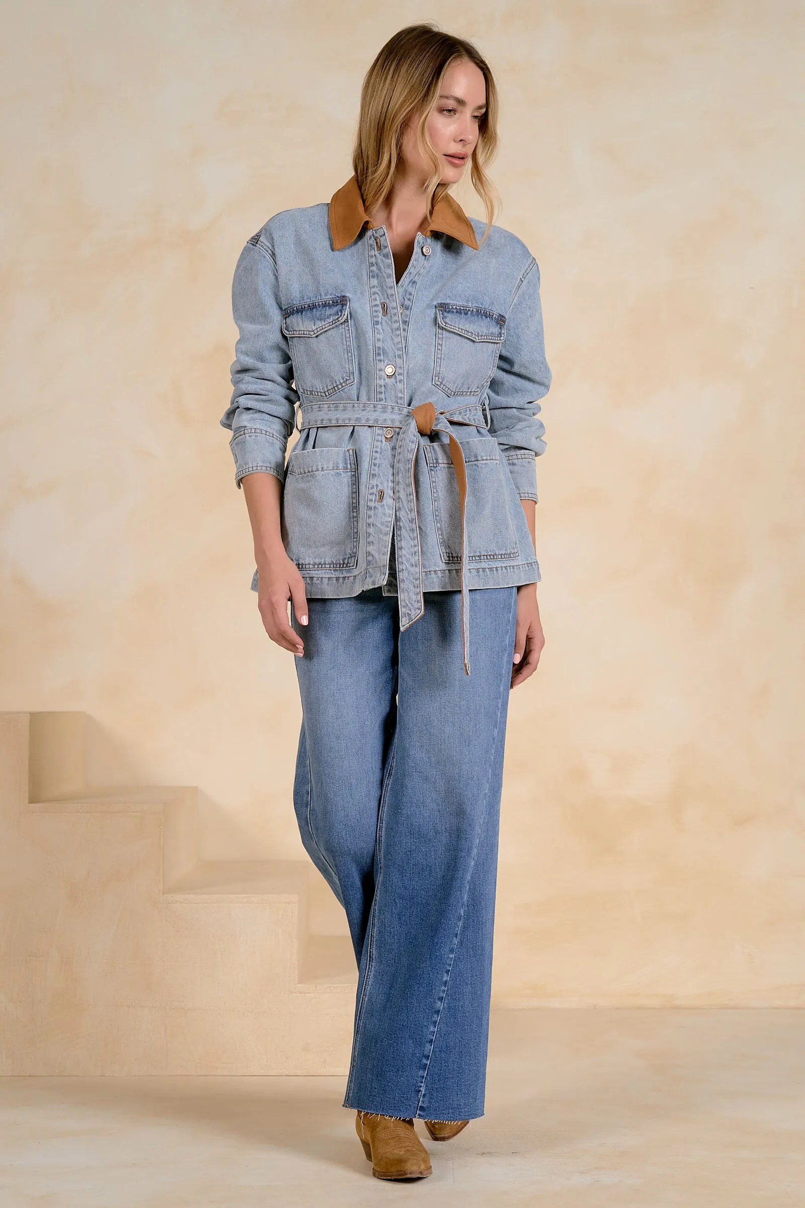 Tie Waist Contrast Collar Jacket, Denim | ELAN sold by North & Main Clothing Company product image thumbnail 3
