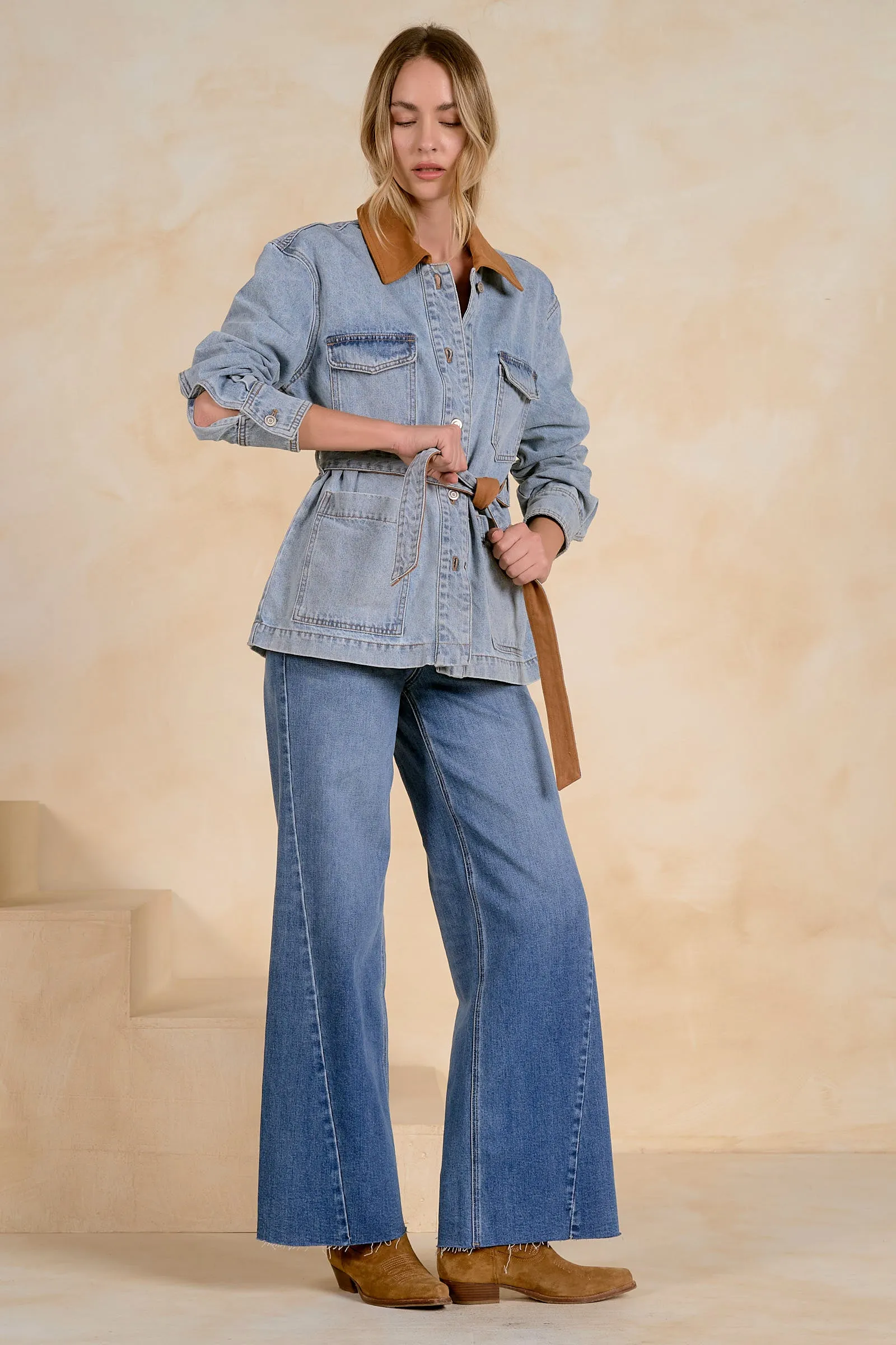 Tie Waist Contrast Collar Jacket, Denim | ELAN sold by North & Main Clothing Company product image thumbnail 4