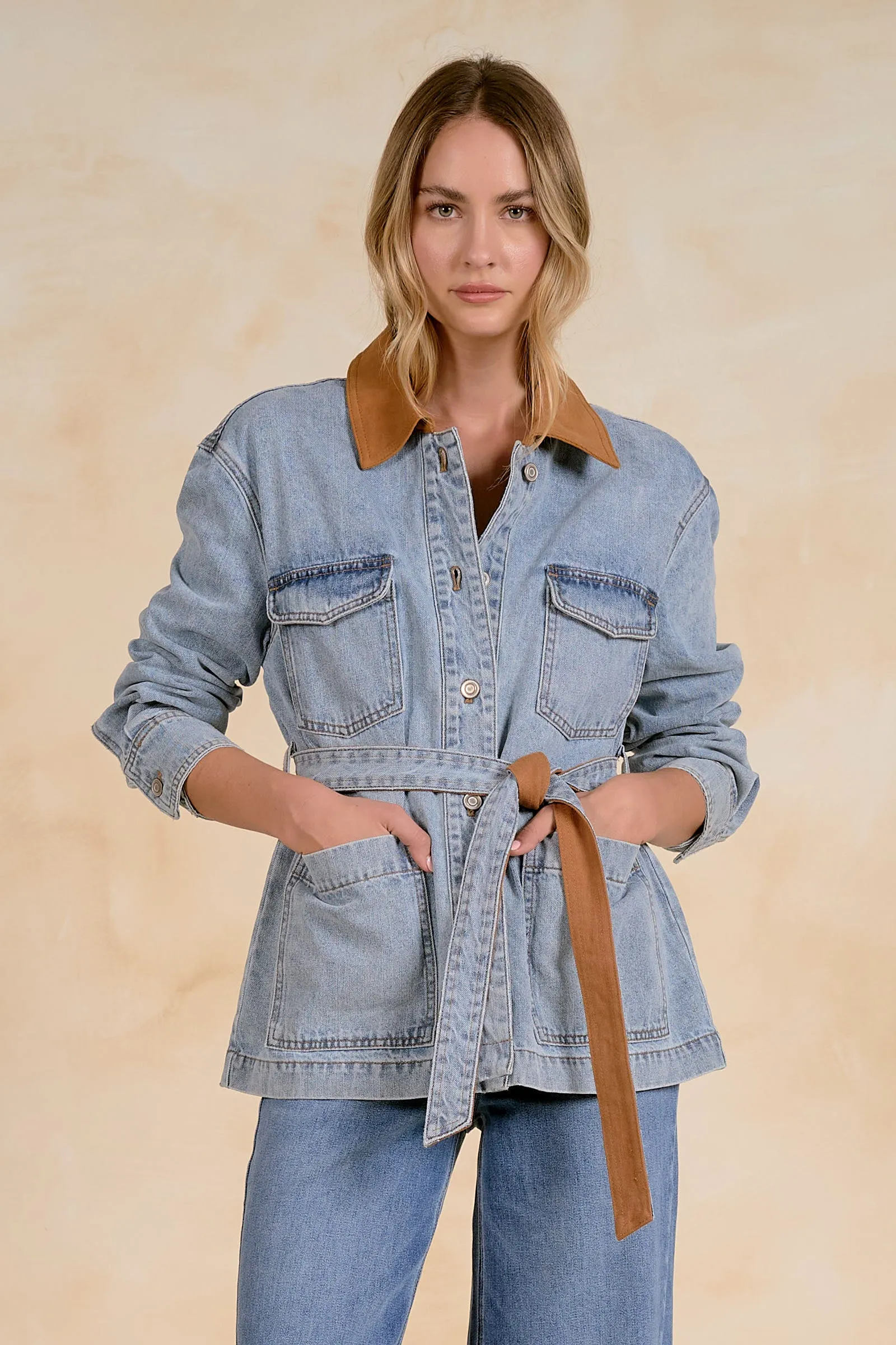 Tie Waist Contrast Collar Jacket, Denim | ELAN sold by North & Main Clothing Company