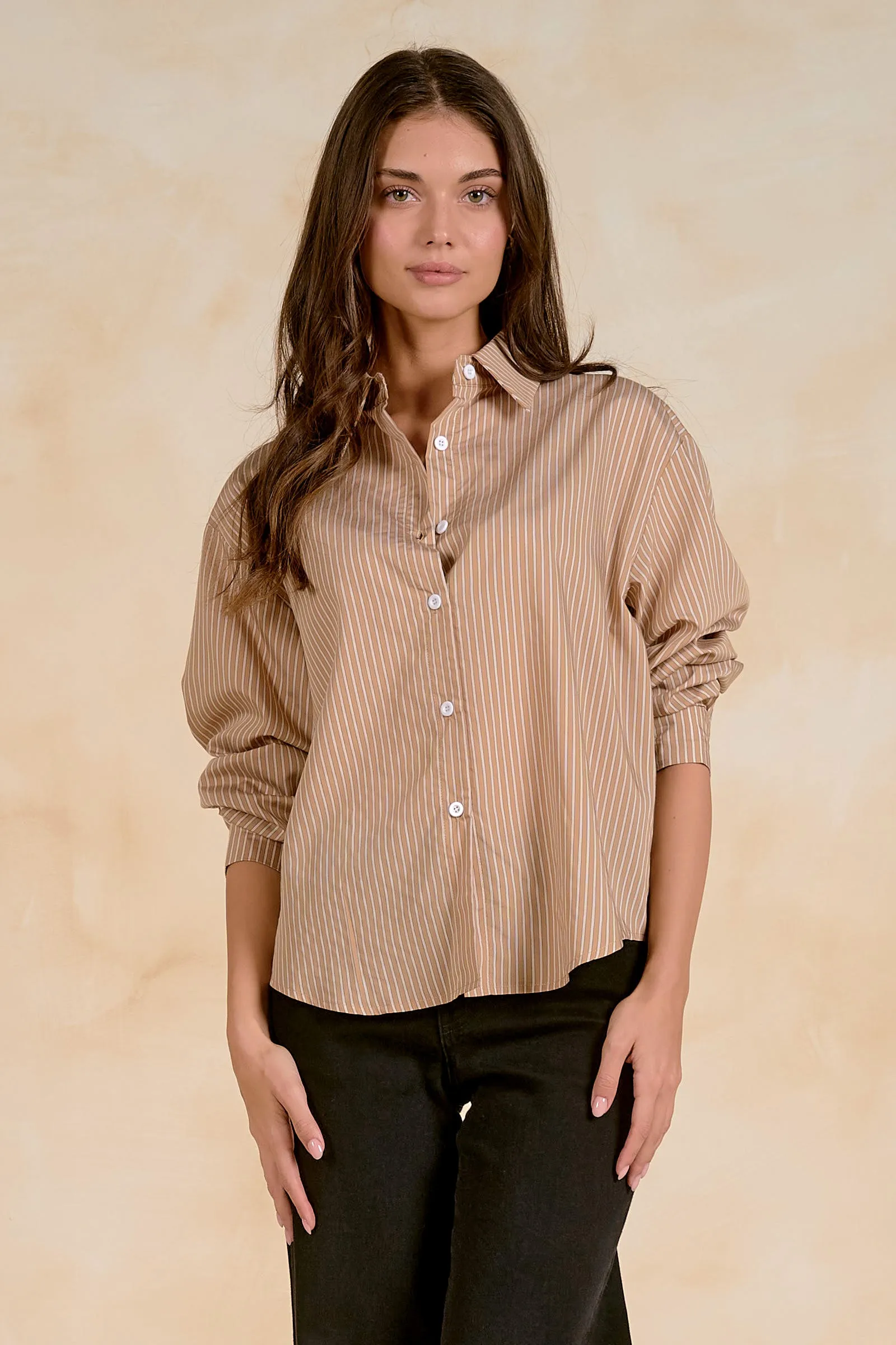 Collared Button Down Shirt, Tan Stripe | ELAN sold by North & Main Clothing Company product image thumbnail 4