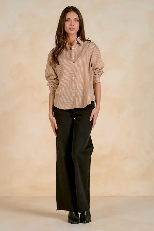 Collared Button Down Shirt, Tan Stripe | ELAN made by Elan