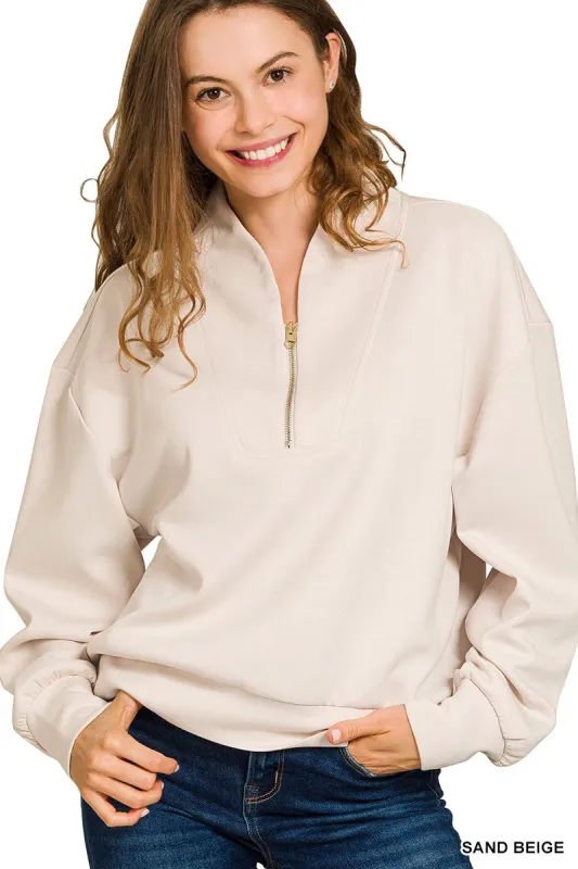 Simone Scuba Quarter Zip, Sand Beige made by Zenana