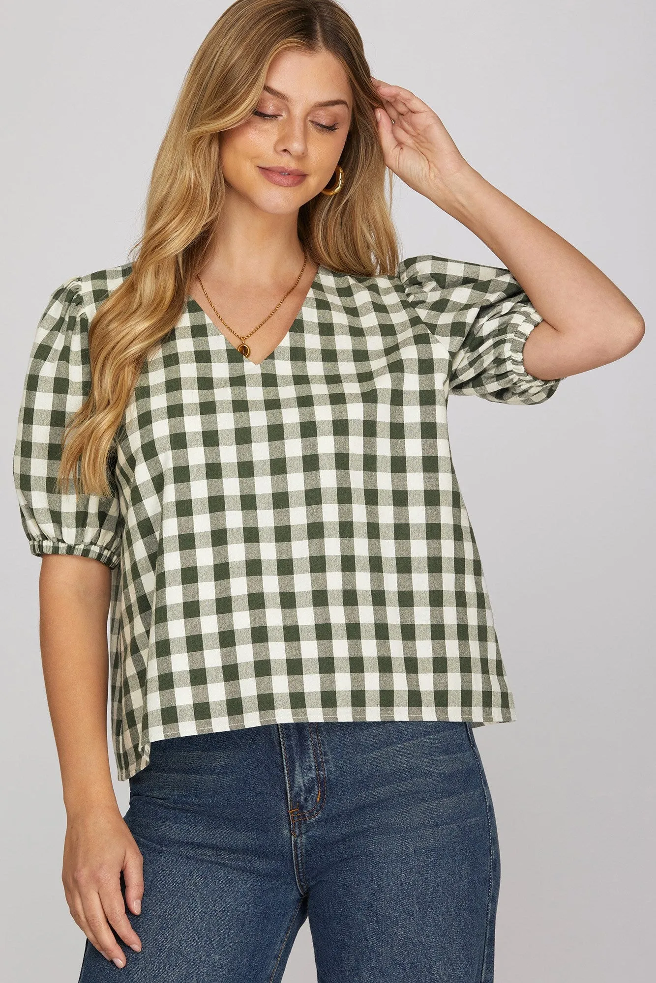 Paulina Gingham Checked Top, Green sold by North & Main Clothing Company