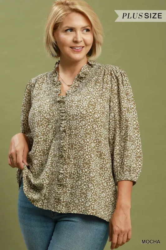 Kora Floral Ruffled Blouse, Mocha | Plus Size made by Umgee