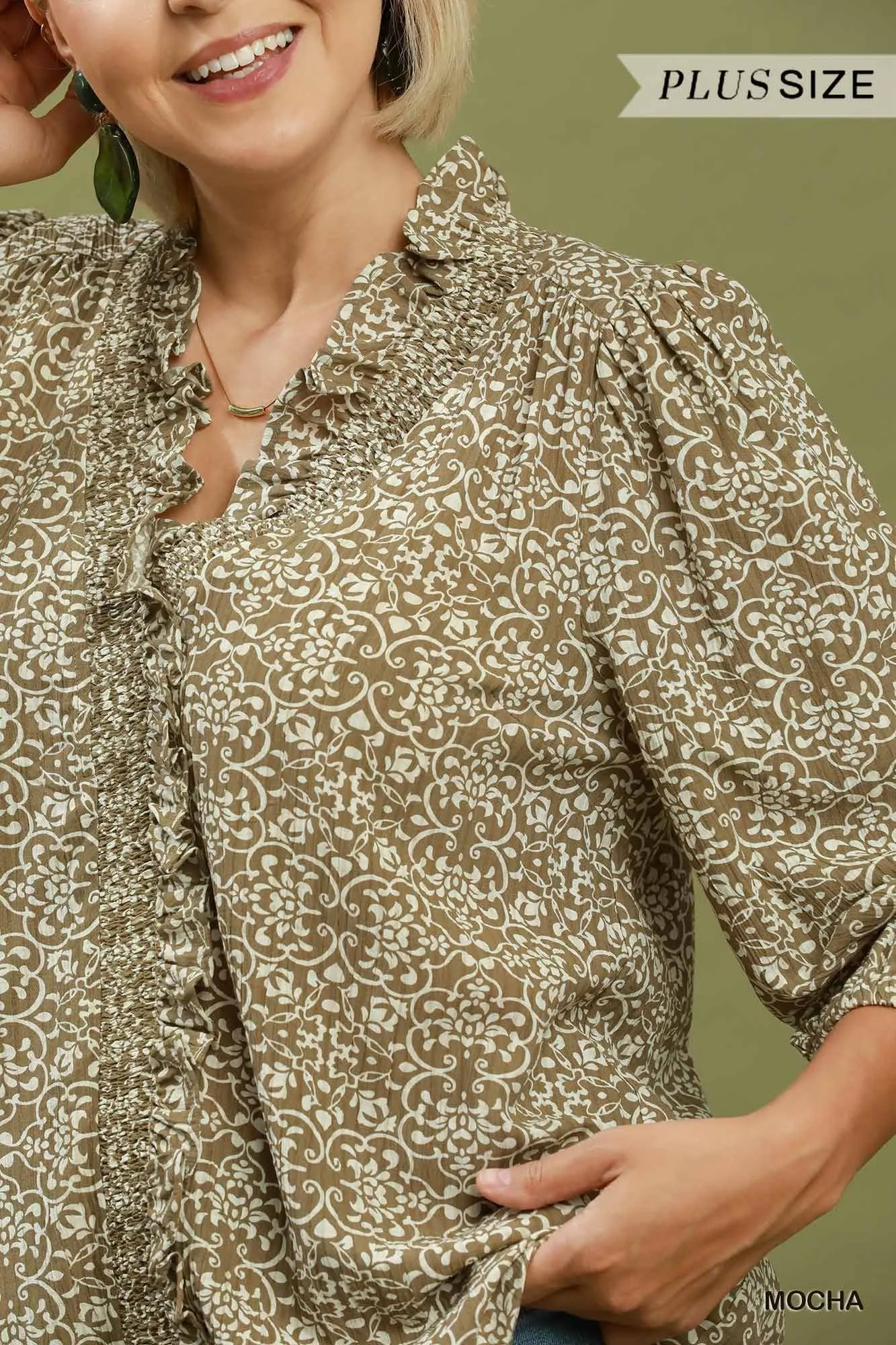 Kora Floral Ruffled Blouse, Mocha | Plus Size sold by North & Main Clothing Company product image thumbnail 3