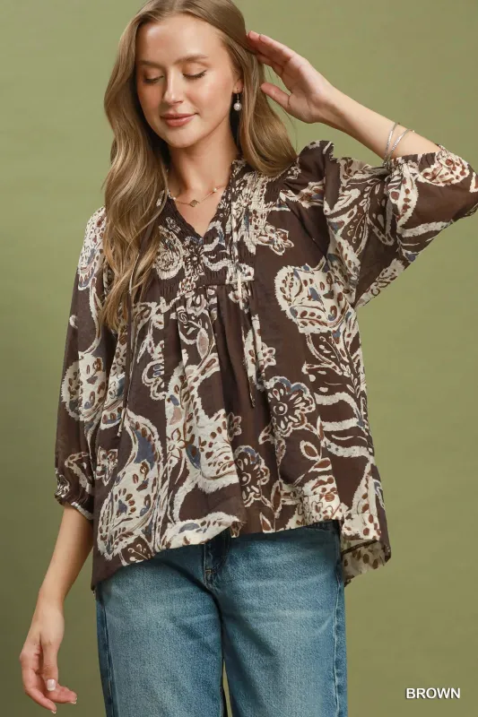 Joy Paisley Flowy Top, Brown made by Umgee