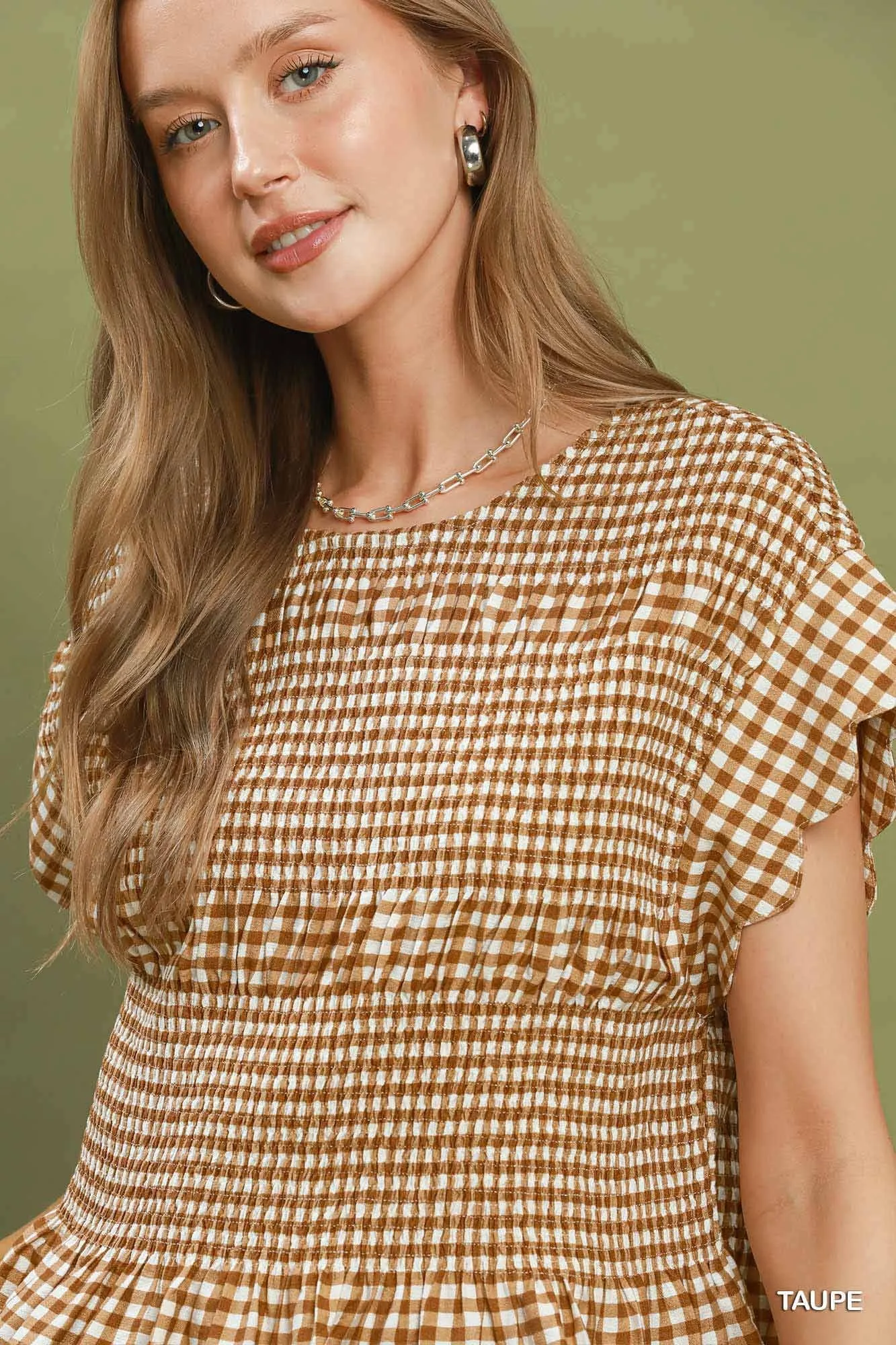 Willa Gingham Smocked Ruffle Top, Taupe sold by North & Main Clothing Company product image thumbnail 5