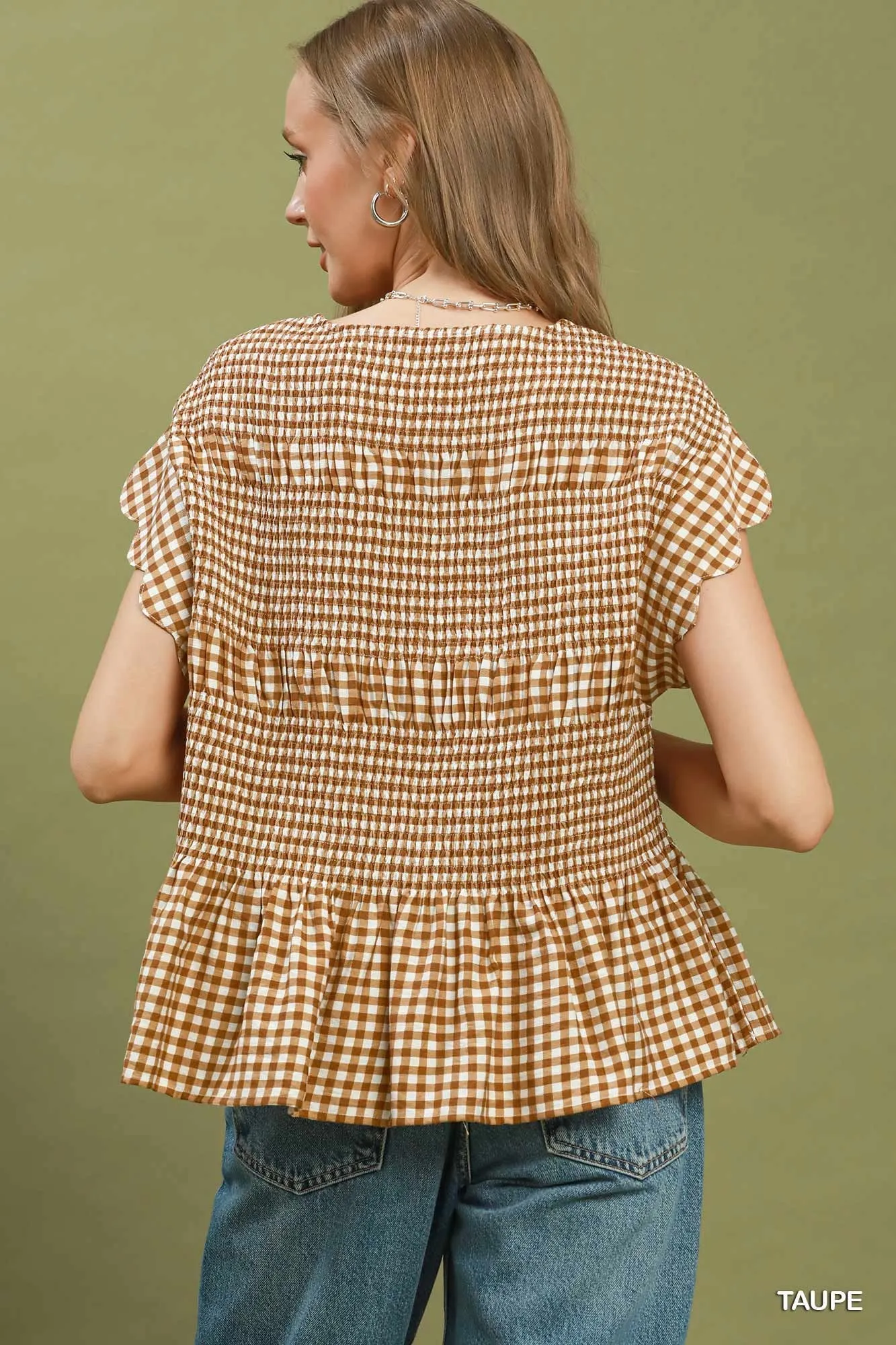 Willa Gingham Smocked Ruffle Top, Taupe sold by North & Main Clothing Company product image thumbnail 2