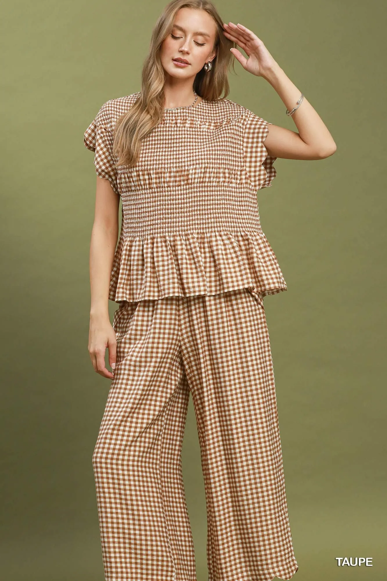 Willa Gingham Smocked Ruffle Top, Taupe sold by North & Main Clothing Company product image thumbnail 3