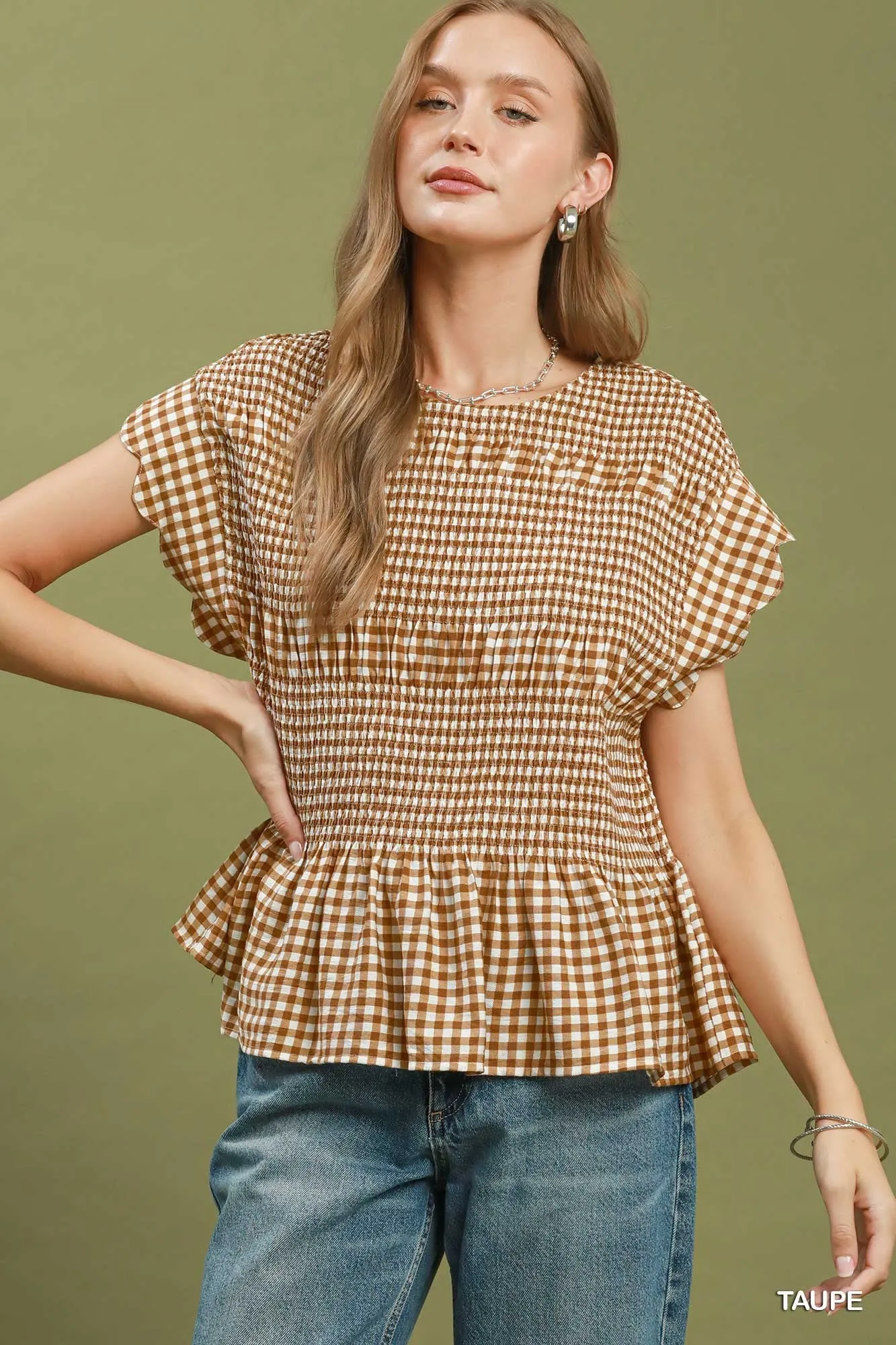 Willa Gingham Smocked Ruffle Top, Taupe sold by North & Main Clothing Company product image thumbnail 4