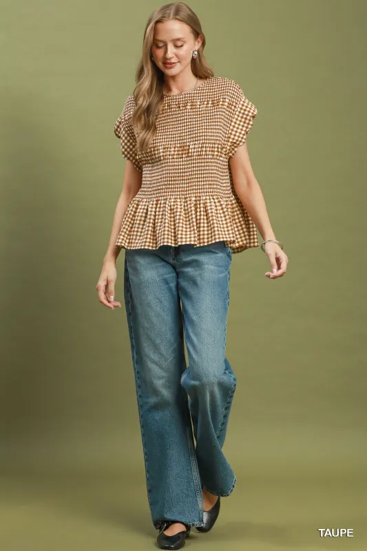 Willa Gingham Smocked Ruffle Top, Taupe made by Umgee