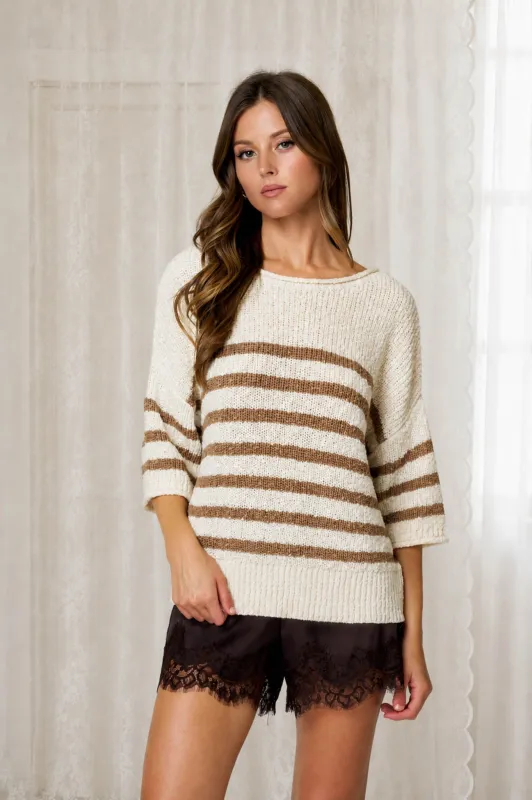 Vivian Stripe Half Sleeve Sweater, Mocha made by Blu Pepper