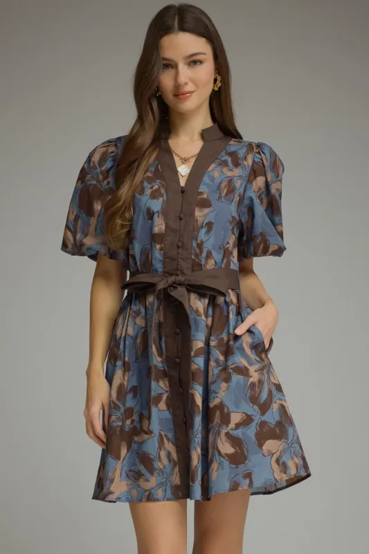 Camille Floral Puff Sleeve Mini Dress, Brown made by entro