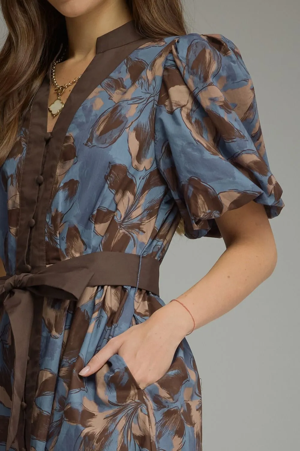 Camille Floral Puff Sleeve Mini Dress, Brown sold by North & Main Clothing Company product image thumbnail 4