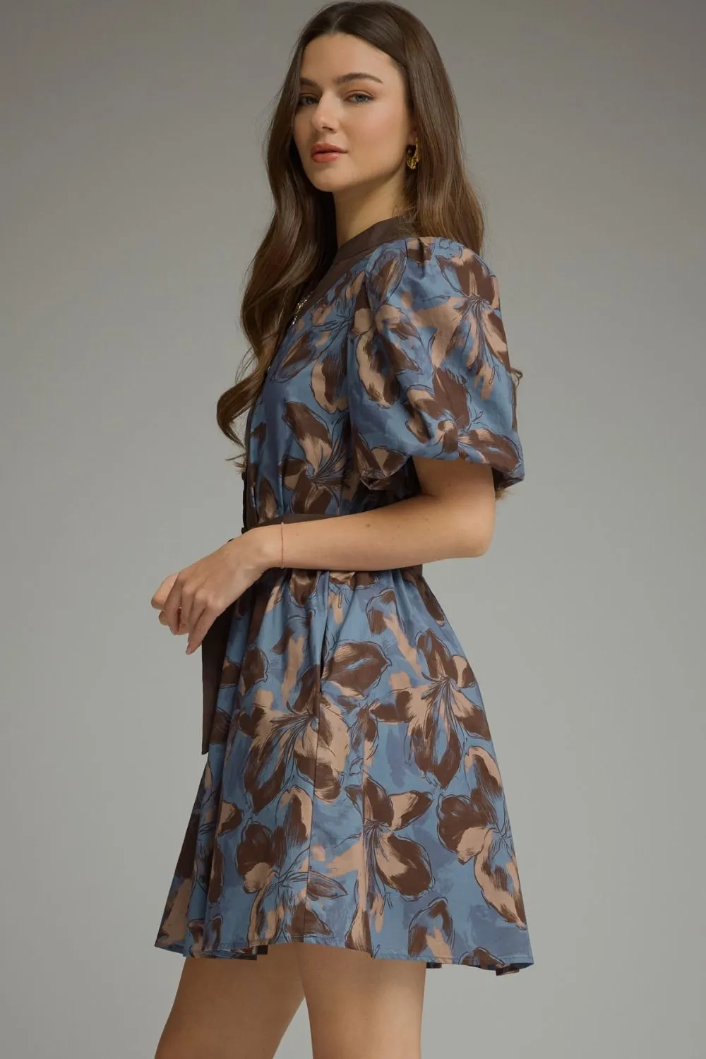 Camille Floral Puff Sleeve Mini Dress, Brown sold by North & Main Clothing Company product image thumbnail 2