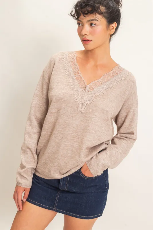 Tate Lace Trim Sweater, Taupe made by HYFVE