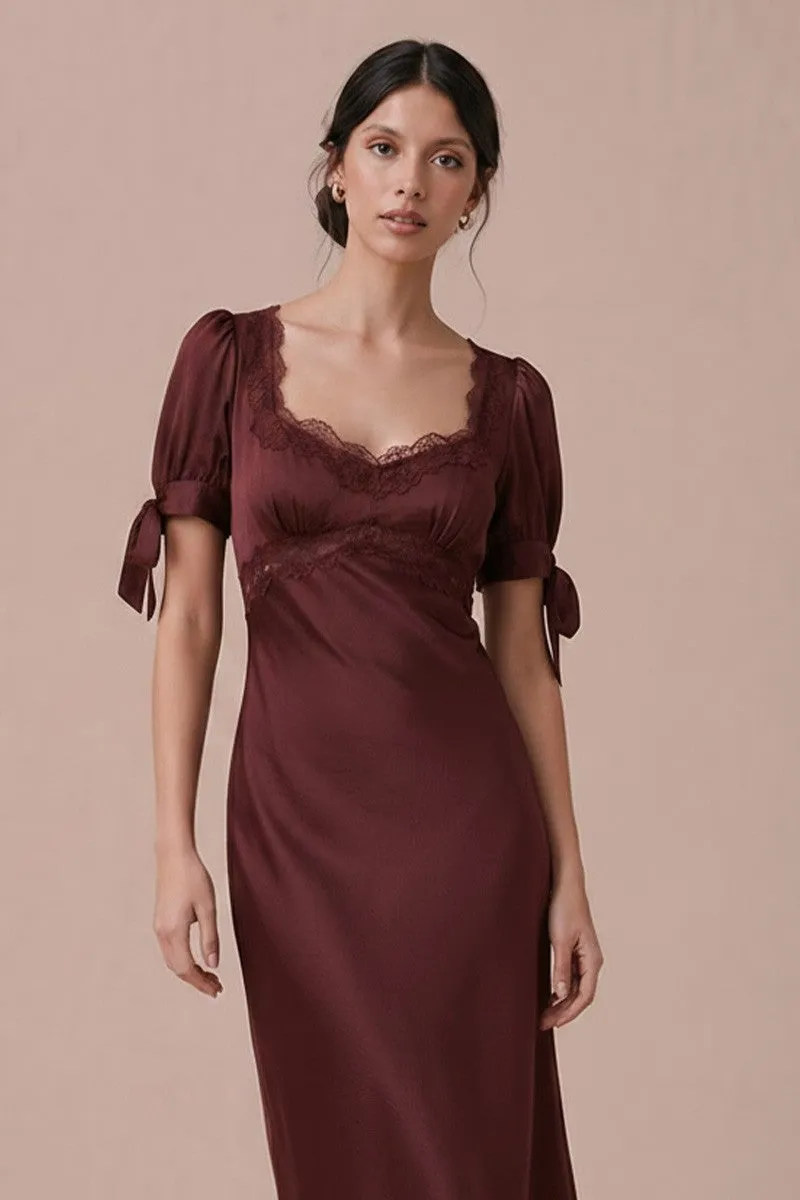 Aurora Satin Midi Dress, Burgundy sold by North & Main Clothing Company