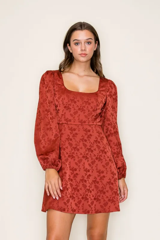 Alice Floral Embossed Satin Mini Dress, Rust made by Bright