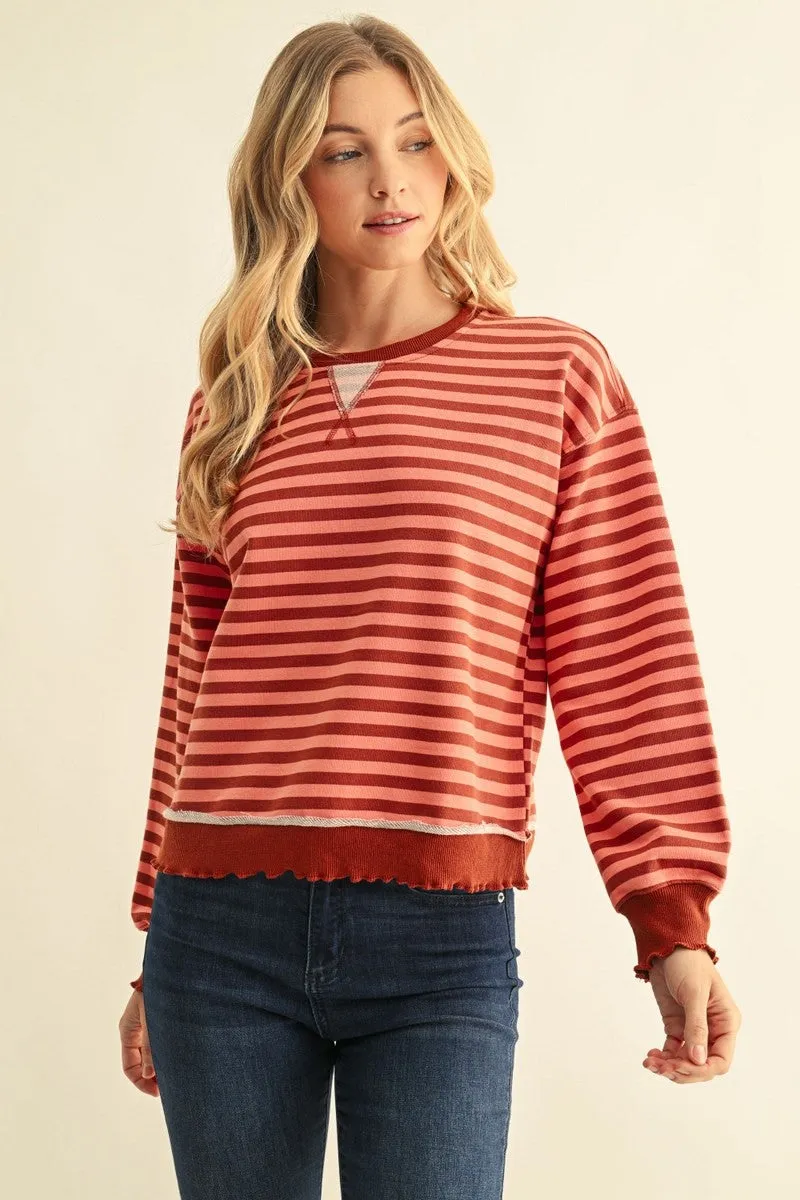 Nellie Striped Sweatshirt Top, Brick Mix sold by North & Main Clothing Company