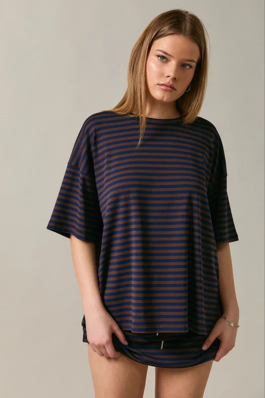 Nova Oversized Stripe Tee, Brown-Navy Stripe made by Le Lis