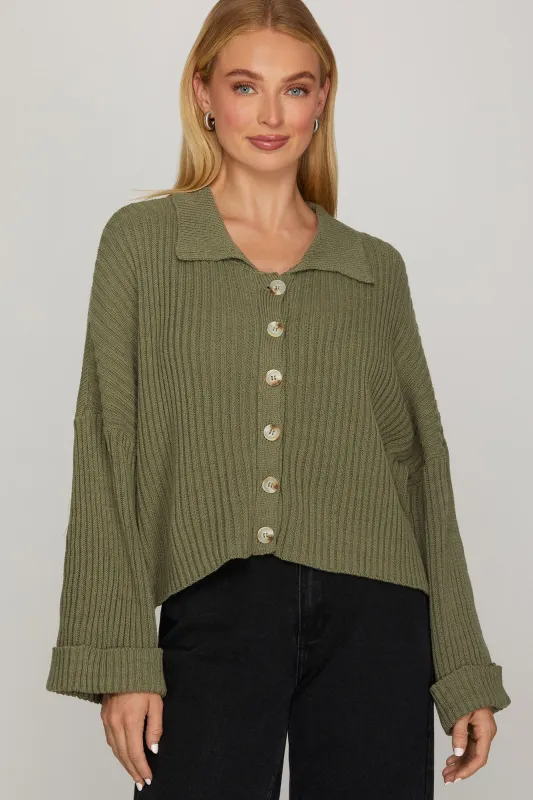 Anna Button Down Sweater, Olive made by She and Sky