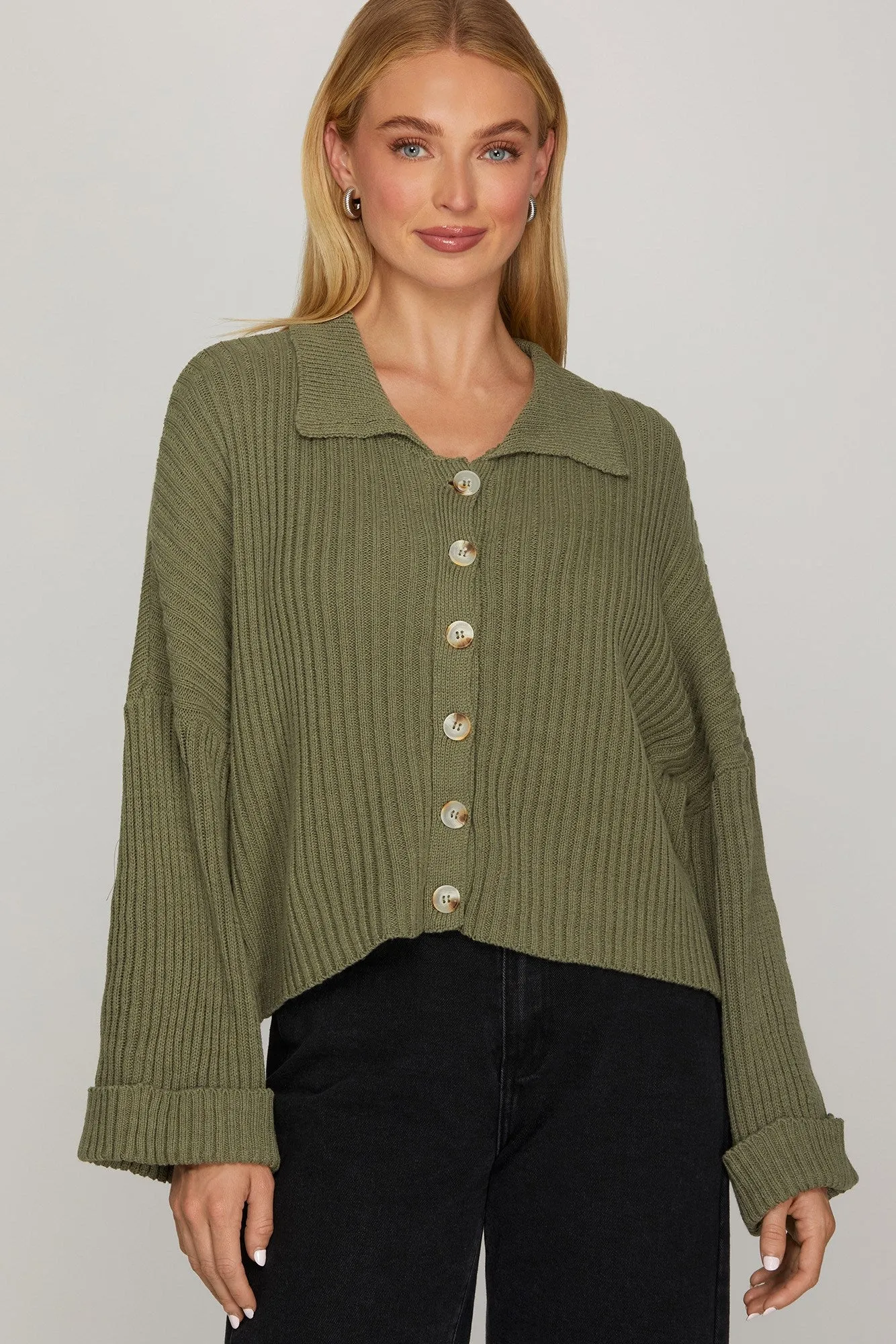Anna Button Down Sweater, Olive sold by North & Main Clothing Company