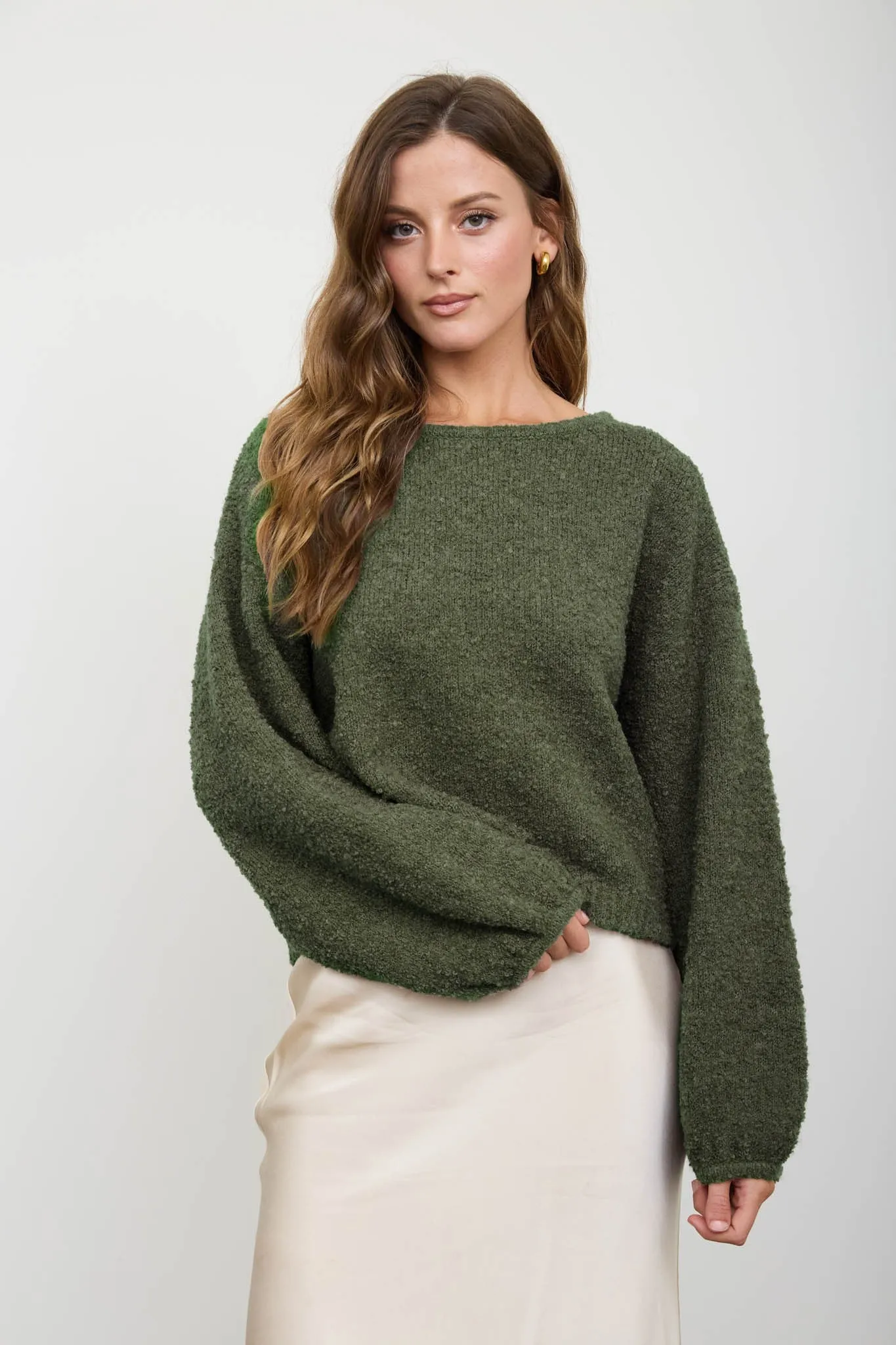 Andie Fuzzy Knit Sweater, Olive sold by North & Main Clothing Company