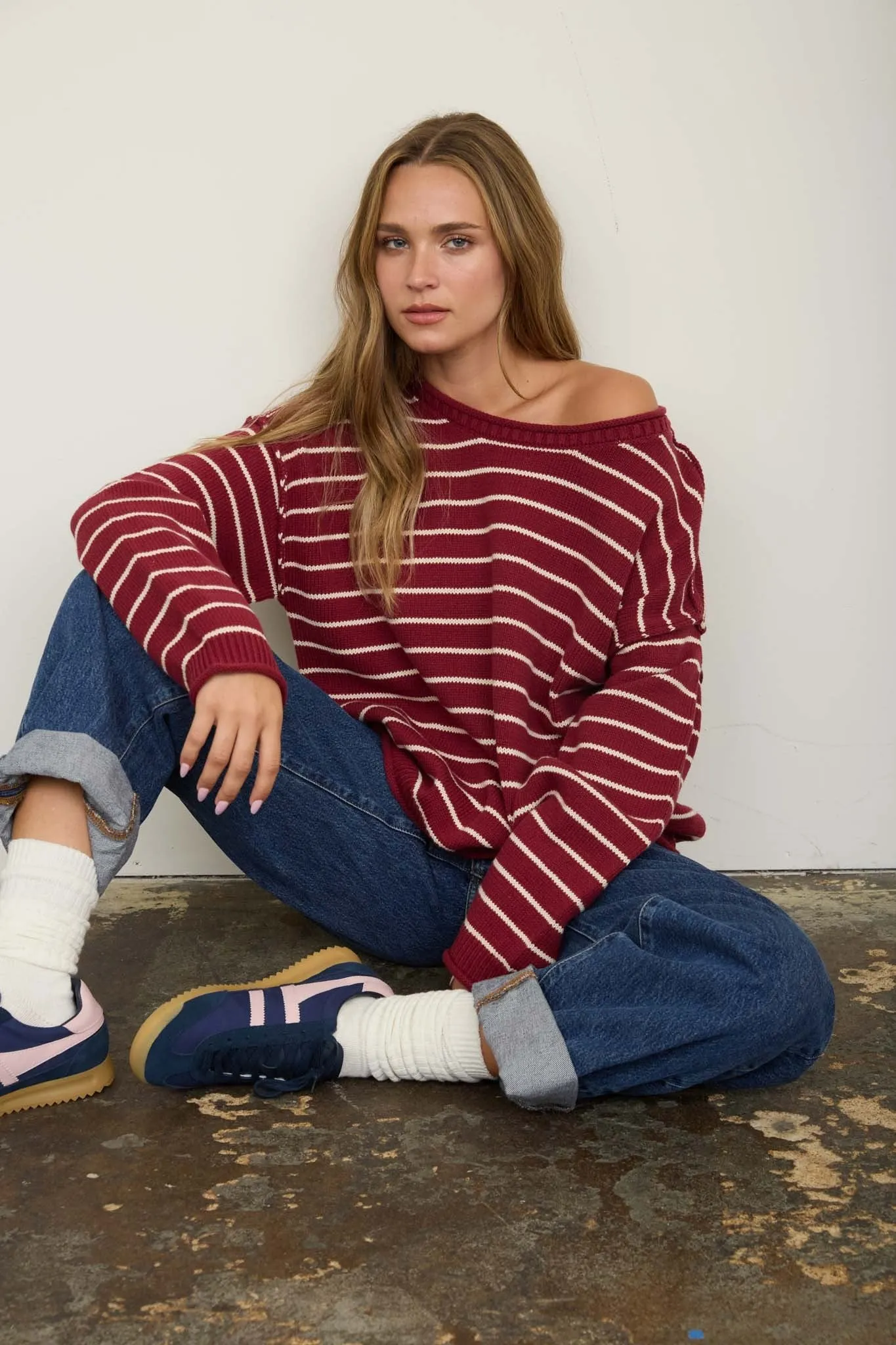 Lyric Striped Crew Neck Sweater, Burgundy sold by North & Main Clothing Company product image thumbnail 3
