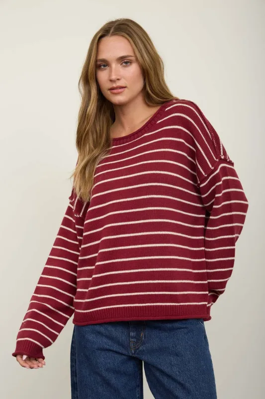 Lyric Striped Crew Neck Sweater, Burgundy made by Blu Pepper