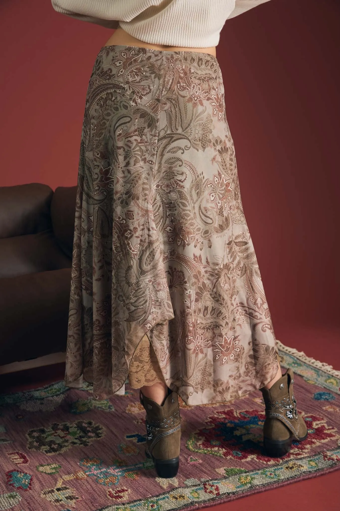 Paisley Lace Trim Midi Skirt, Light Taupe Multi sold by North & Main Clothing Company product image thumbnail 3