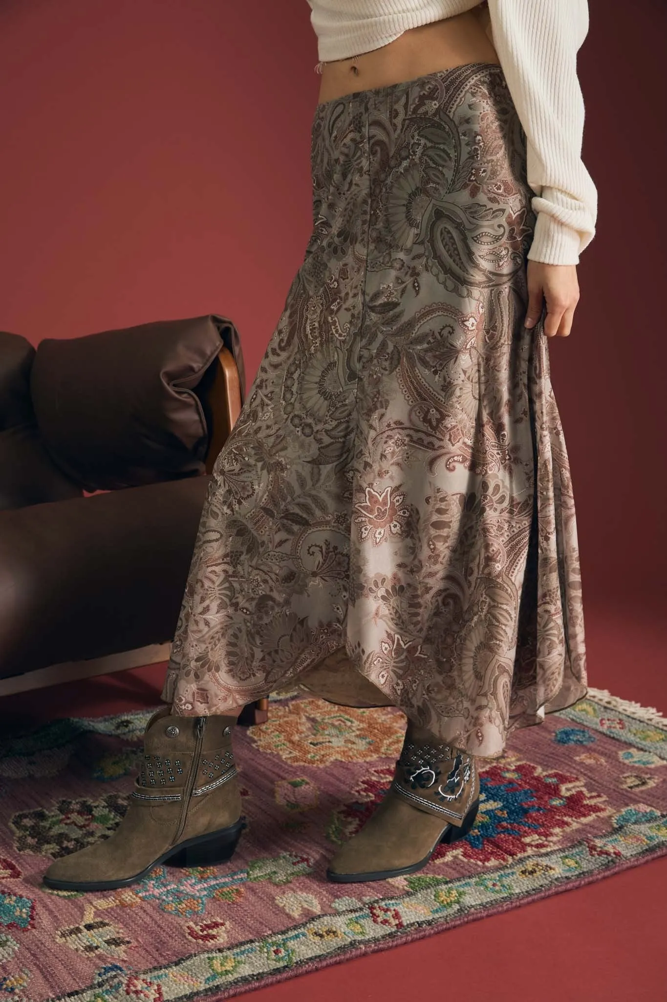 Paisley Lace Trim Midi Skirt, Light Taupe Multi sold by North & Main Clothing Company product image thumbnail 4