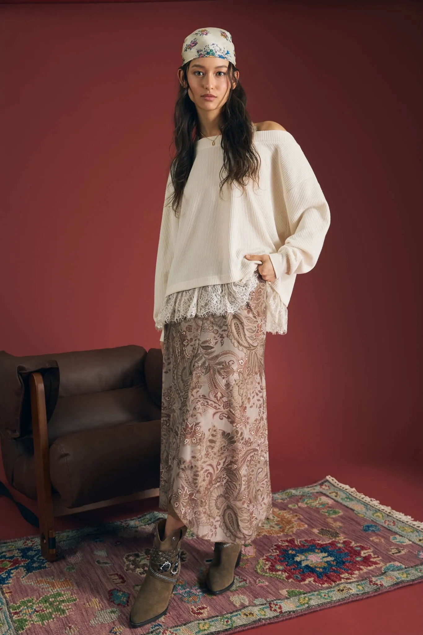 Paisley Lace Trim Midi Skirt, Light Taupe Multi sold by North & Main Clothing Company product image thumbnail 2