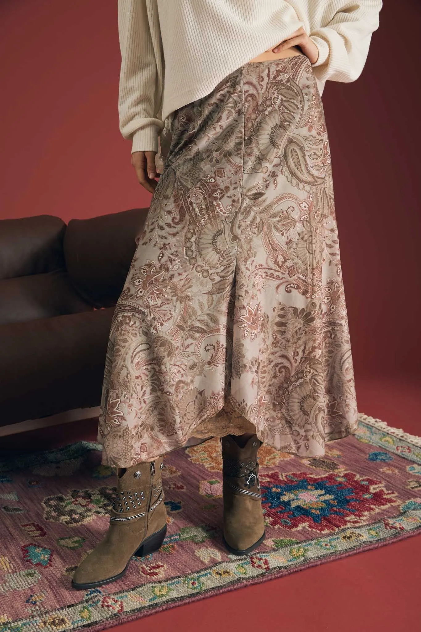 Paisley Lace Trim Midi Skirt, Light Taupe Multi sold by North & Main Clothing Company