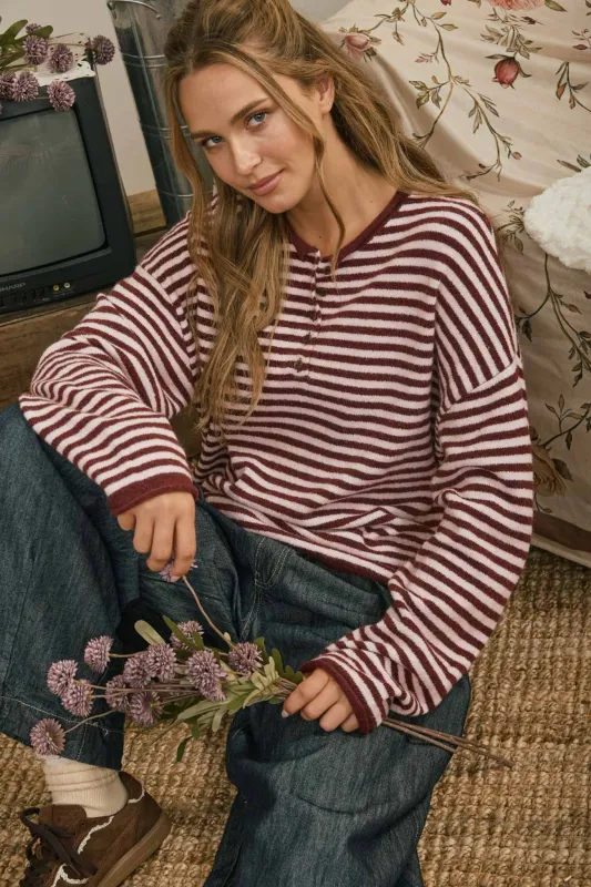 Katalina Striped Sweater, Burgundy made by Blu Pepper