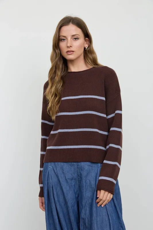 Elisa Striped Crew Neck Sweater, Chocolate Brown made by Blu Pepper