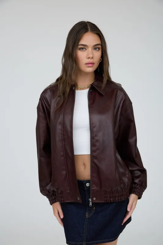 Inez Leather Bomber Jacket, Burgundy made by Blu Pepper