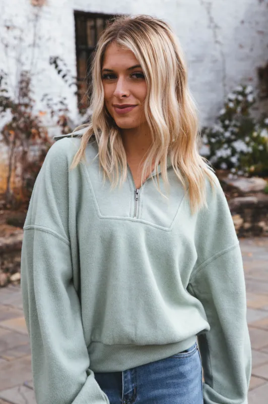 Rosalyn Brushed Three-Quarter Zip Pullover, Iceberg Green sold by North & Main Clothing Company