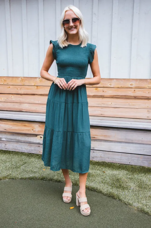 Celene Smocked Midi Dress, Hunter Green sold by North & Main Clothing Company