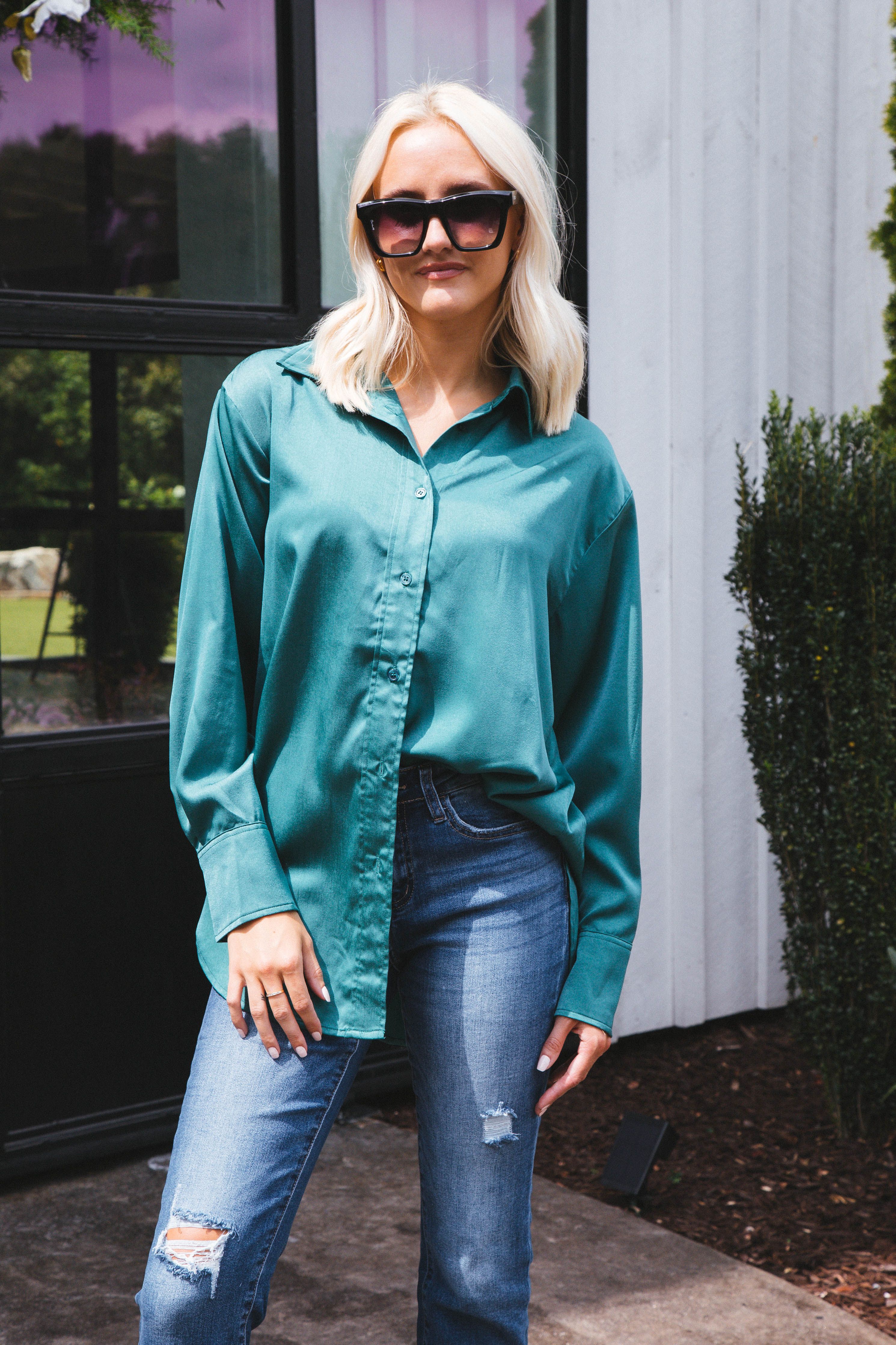 Marlene Satin Button Down Shirt, Green sold by North & Main Clothing Company product image thumbnail 7